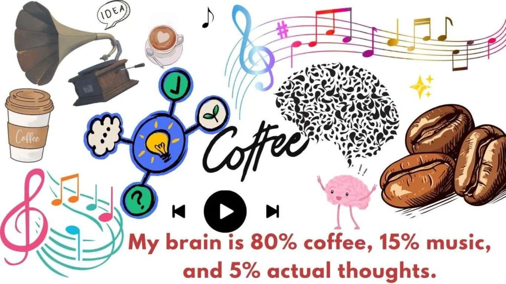 My brain is 80% coffee, 15% music, and 5% actual thoughts | Aesthetic Bullet Journal Quotes